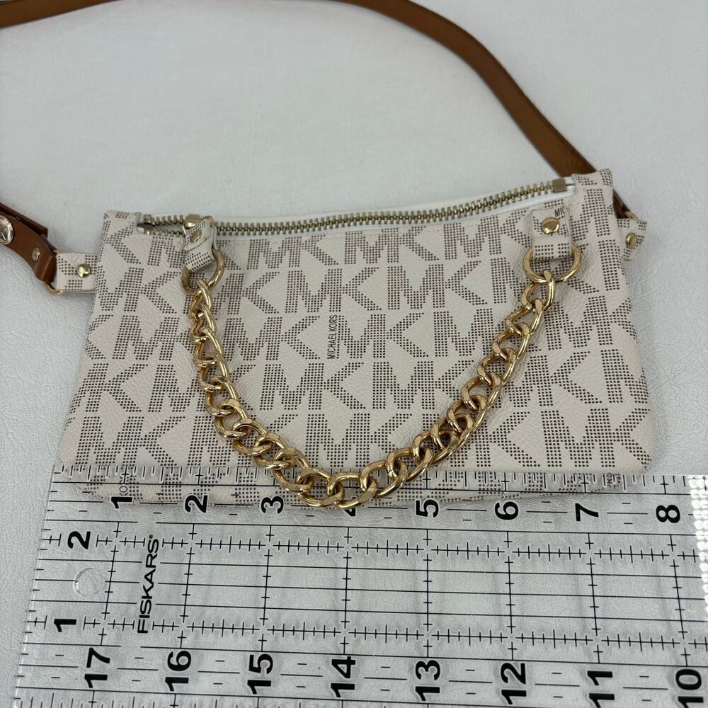 Michael Kors Belt Bag Chain Zip White Signature Logo Faux Leather Size L Belt - Picture 11 of 12